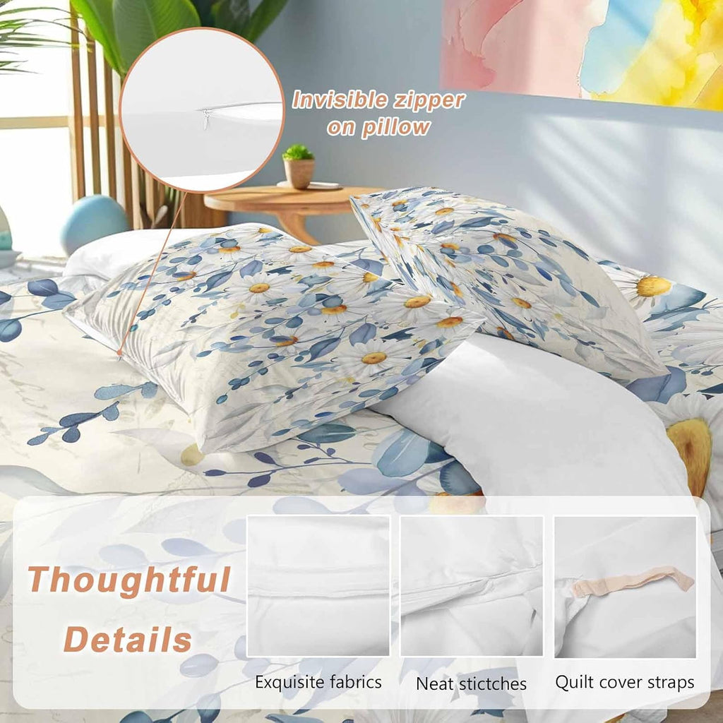 Spring Eucalyptus Leaves Duvet Cover Set Queen Size 4 Pieces Country Vintage Blue Leaf White Daisy Bedding Set with Zipper Closure, 1 Comforter Cover 92x106 Inches 1 Flat Sheet & 2 Pillow Cases