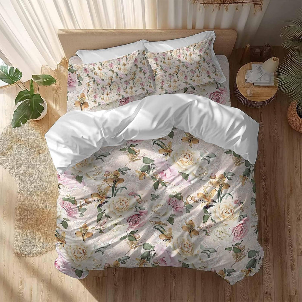 Prime Leader Floral Spring Duvet Cover Set Queen Size 4 Pieces Flower Retro Texture Bedding Set with Zipper Closure, 1 Comforter Cover 92x106 Inches 1 Flat Sheet & 2 Pillow Cases