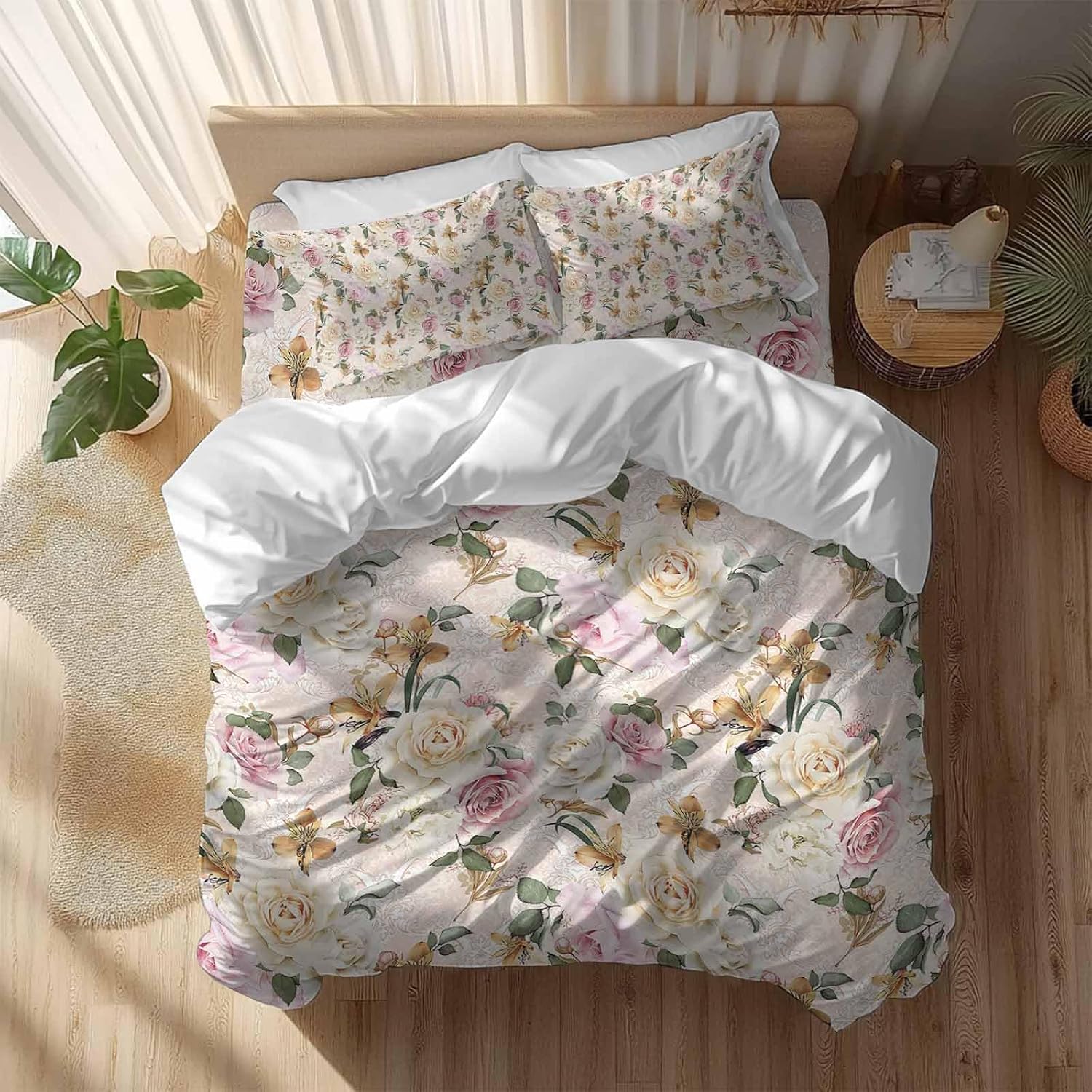 Prime Leader Floral Spring Duvet Cover Set Queen Size 4 Pieces Flower Retro Texture Bedding Set with Zipper Closure, 1 Comforter Cover 92x106 Inches 1 Flat Sheet & 2 Pillow Cases