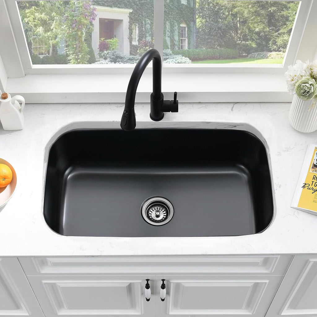 31 Inch Black Undermount Sink Stainless Steel-Bokaiya 31x18 Kitchen Sink Undermount Black Stainless Steel Sink 16 Gauge Single Bowl Kitchen Sink with Dish Grid