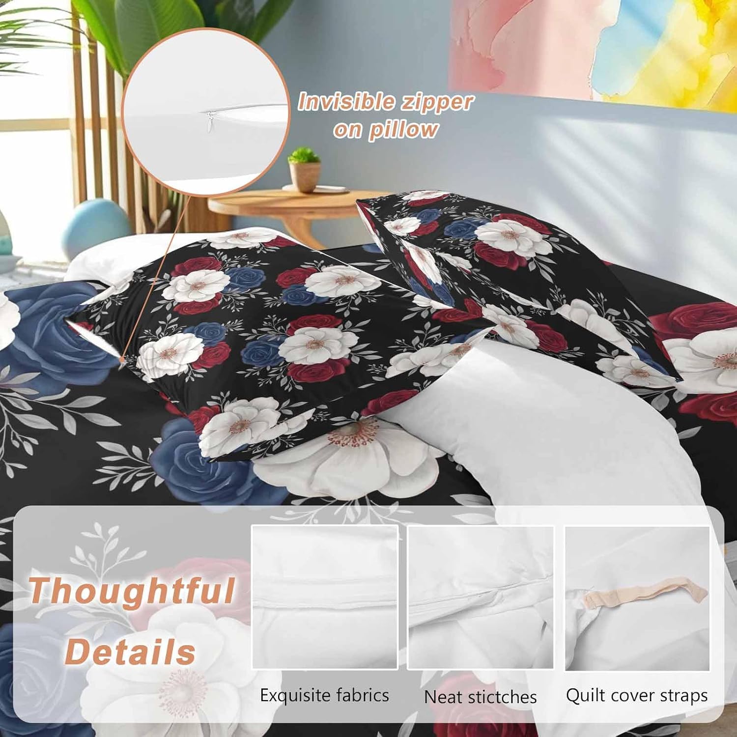 Prime Leader Independence Day Duvet Cover Set Queen Size 4 Pieces Red Blue White Roses Floral Leaf Black Bedding Set with Zipper Closure, 1 Comforter Cover 92x106 Inches 1 Flat Sheet & 2 Pillow Cases