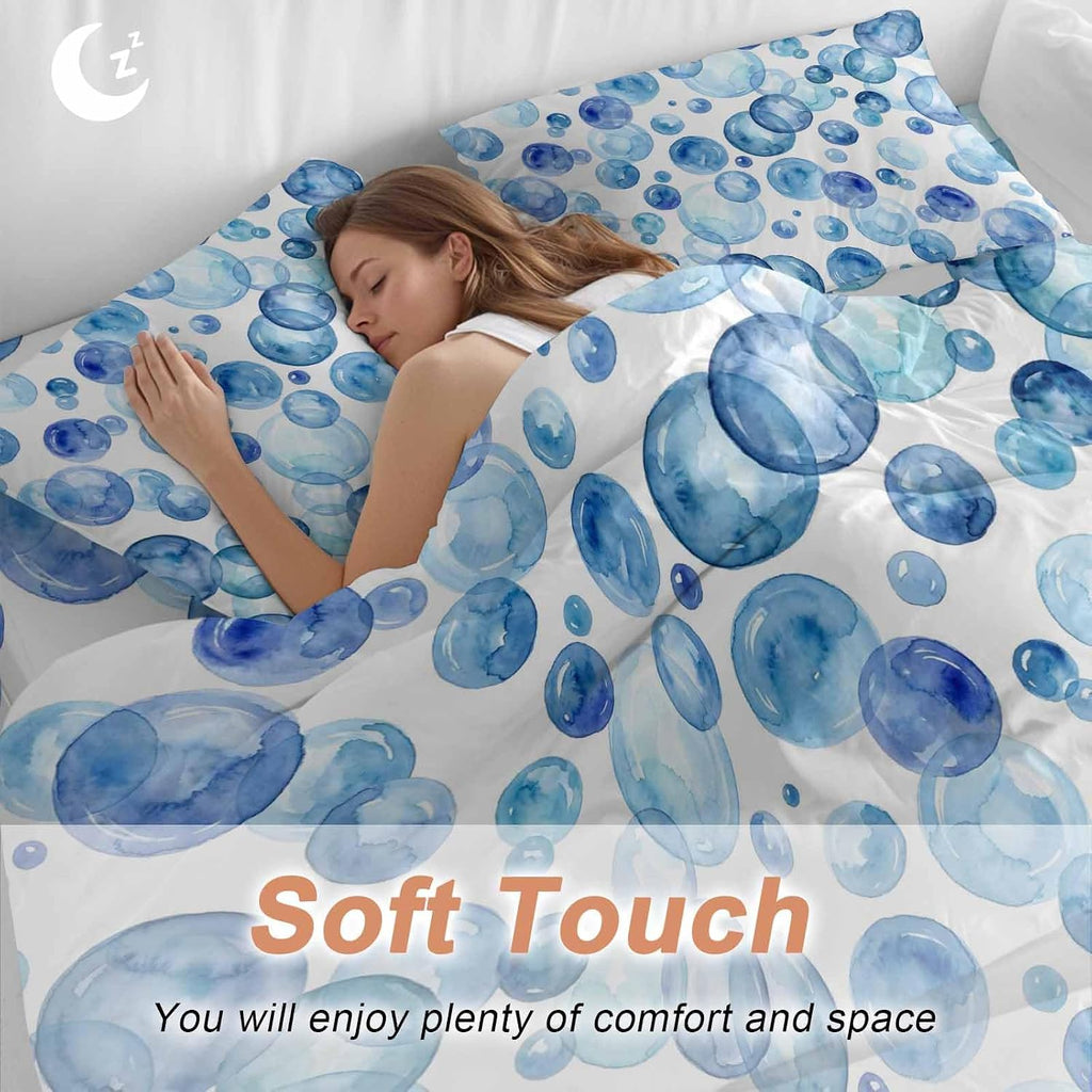 Prime Leader Blue Bubbles Duvet Cover Set Queen Size 4 Pieces Watercolor Gradient Bubble Summer Ocean Bedding Set with Zipper Closure, 1 Comforter Cover 90x92 Inches 1 Flat Sheet & 2 Pillow Cases