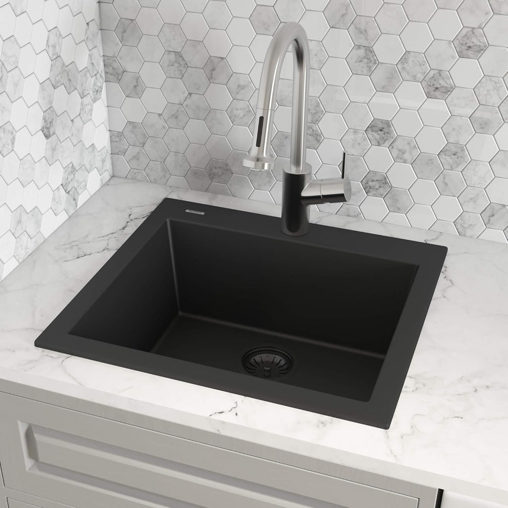 Ruvati 23 x 20 inch epiGranite Drop-in Topmount Granite Composite Quartz Single Bowl Wet Bar Prep Sink - Midnight Black - RVG1023BK