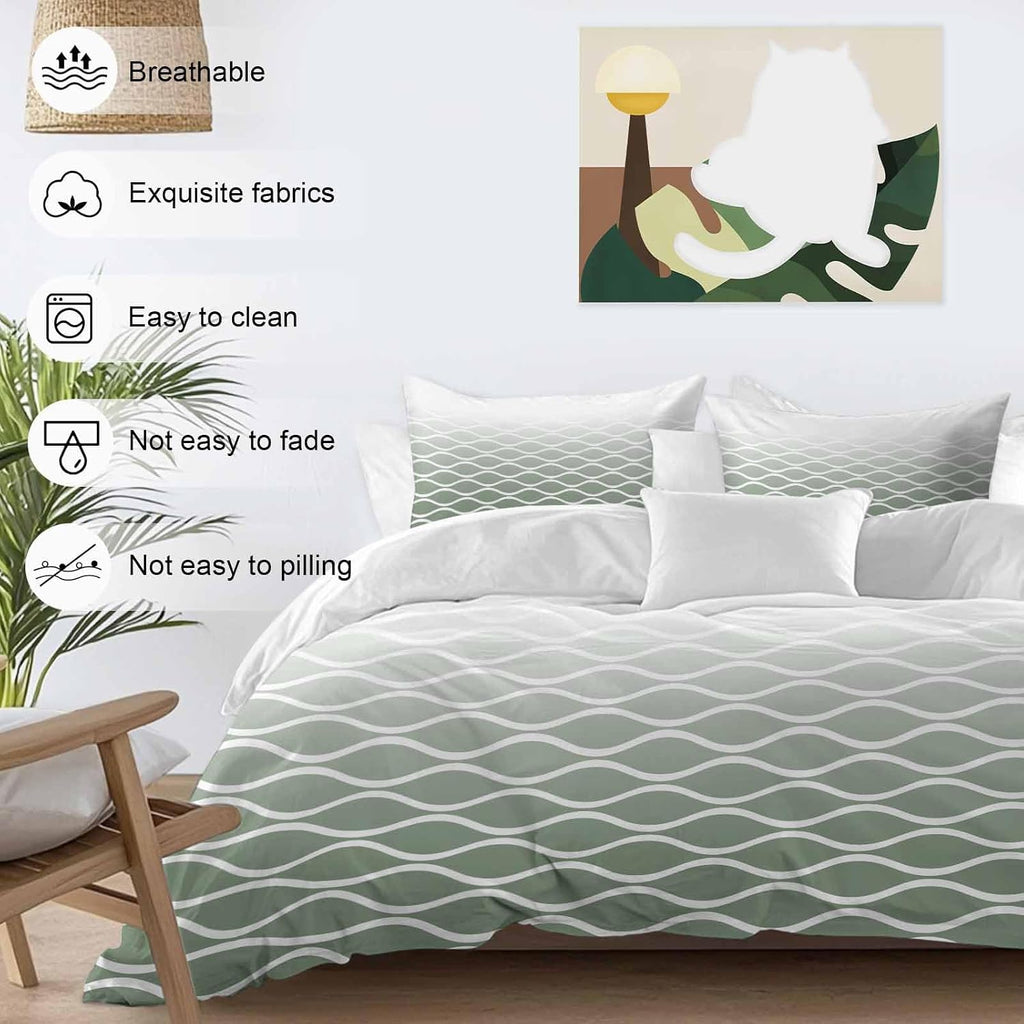 Green Ombre Morocco Duvet Cover Set Queen Size 4 Pieces Modern Geometric Wave Lines Abstract Bedding Set with Zipper Closure, 1 Comforter Cover 92x106 Inches 1 Flat Sheet & 2 Pillow Cases