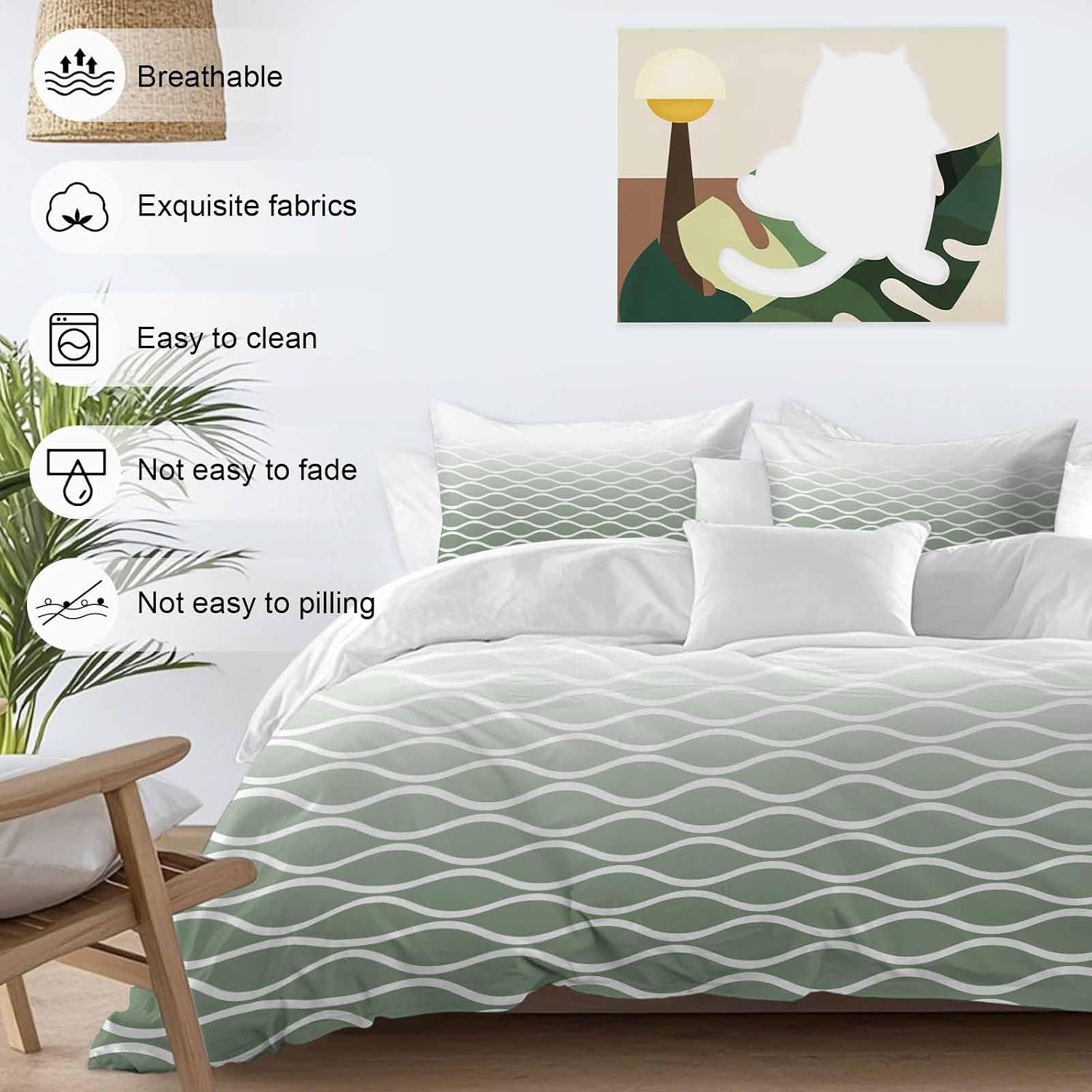 Green Ombre Morocco Duvet Cover Set Queen Size 4 Pieces Modern Geometric Wave Lines Abstract Bedding Set with Zipper Closure, 1 Comforter Cover 92x106 Inches 1 Flat Sheet & 2 Pillow Cases