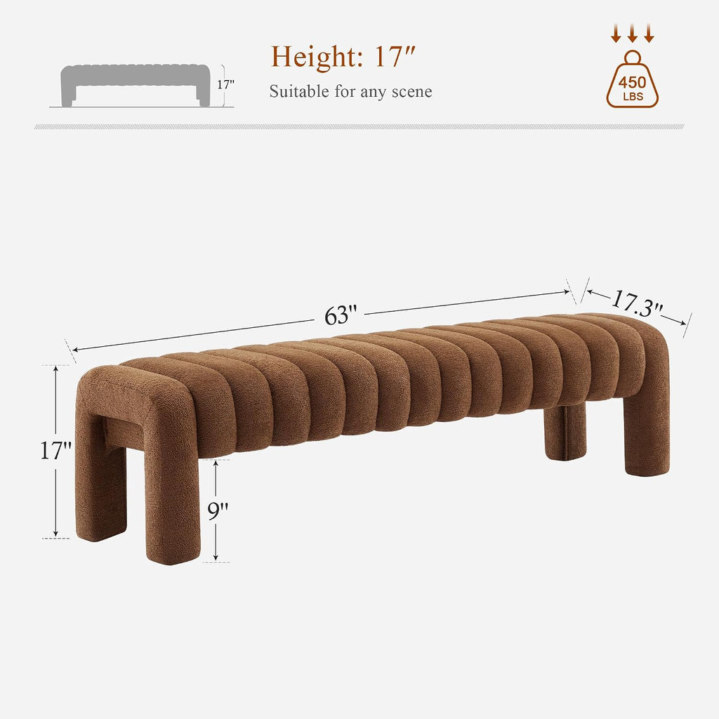 63'' Bedroom Bench, Upholstered End of Bed Bench with Solid Wood Legs, Modern Cushioned Dining Bench with Full Covered Fabrics for Entryway, Bedroom, Living Room (Rust Brown, Boucle)