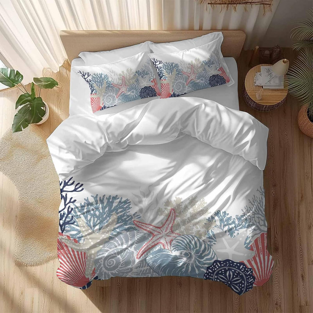Summer Marine Life Duvet Cover Set Queen Size 4 Pieces Ocean Coral Coastal Starfish Blue Conch Bedding Set with Zipper Closure, 1 Comforter Cover 92x106 Inches 1 Flat Sheet & 2 Pillow Cases