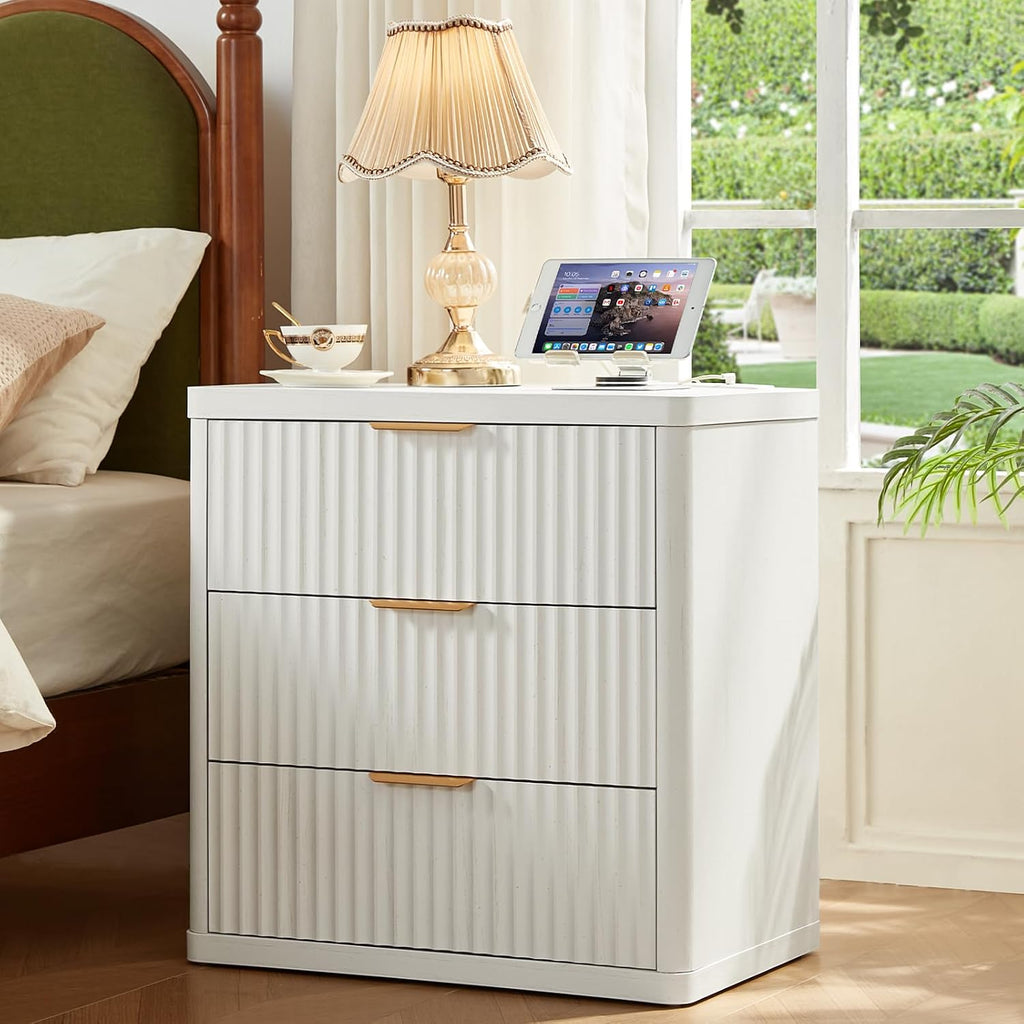 LEYAOYAO Fluted Dresser and Nightstand Sets, Wood 48' Wide Dresser & 23' Night Stand with Charging Station, 2 Piece Bedroom Furniture Set, Chest of Drawers for Bedroom,Living Room, Antique White