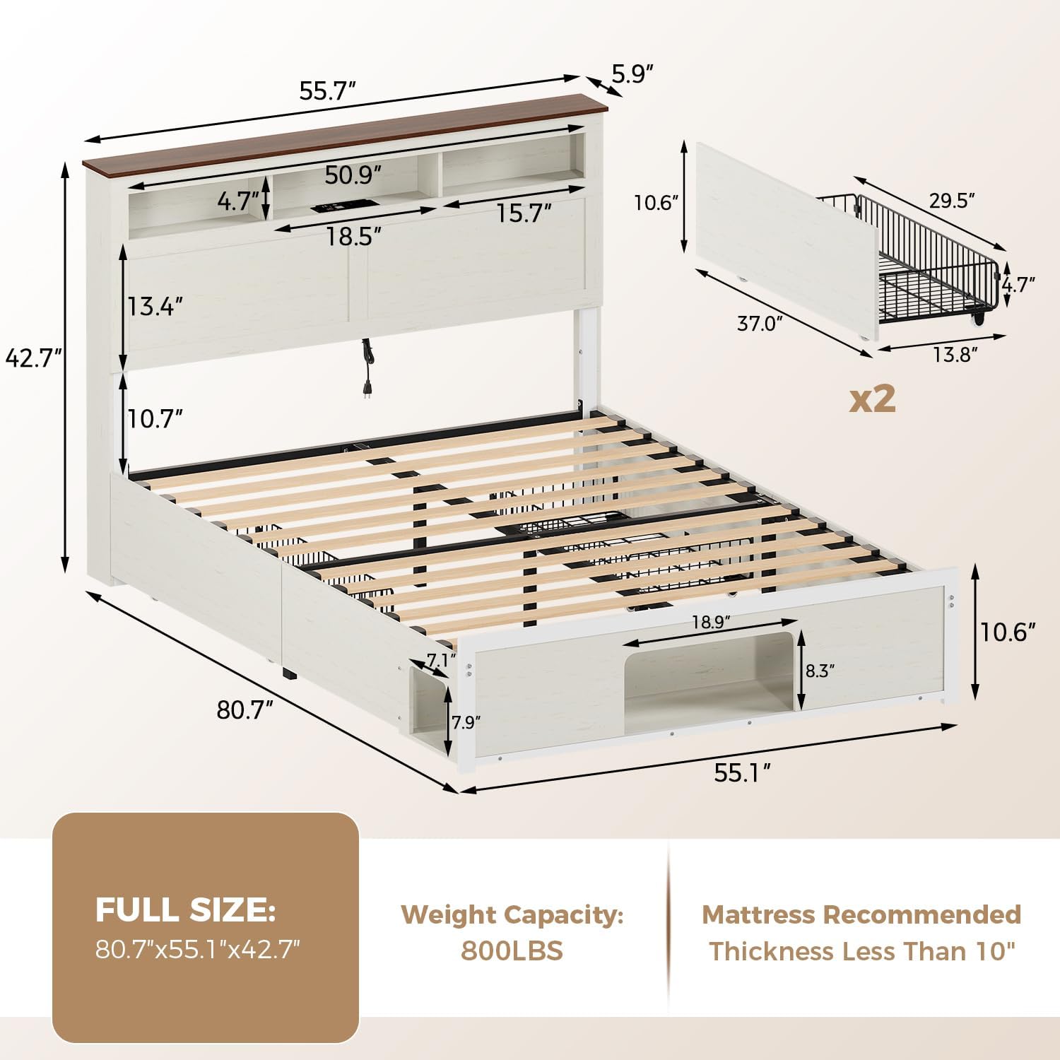 FUNKOCO Wood Full Bed Frame with Nightstand Set of 2，Farmhouse Bed Frame with Cat & Dog Bed, Storage Headboard and 2 Drawers, LED Lights & Charging Station, Noise Free, No Box Spring Needed