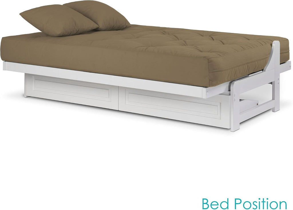 Nirvana Futons Arden White Futon with Storage Drawers Full or Queen Size - Space Saving Armless Design with Comfortable Mattress Included (Microfiber Sussex Khaki), Sofa Bed Available in