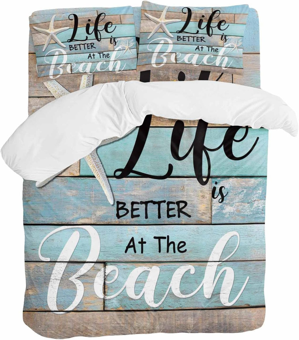Life Is Duvet Cover Set Queen Size 4 Pieces Better at The Beach Summer Starfish Teal Wood Grain Bedding Set with Zipper Closure, 1 Comforter Cover 86x86 Inches 1 Flat Sheet & 2 Pillow Cases