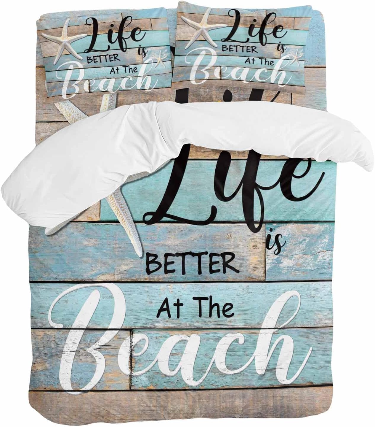 Life Is Duvet Cover Set Queen Size 4 Pieces Better at The Beach Summer Starfish Teal Wood Grain Bedding Set with Zipper Closure, 1 Comforter Cover 86x86 Inches 1 Flat Sheet & 2 Pillow Cases