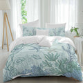 Marine Life Duvet Cover Set Queen Size 4 Pieces Starfish Coral Blue Shell Ocean Summer Green Bedding Set with Zipper Closure, 1 Comforter Cover 92x106 Inches 1 Flat Sheet & 2 Pillow Cases