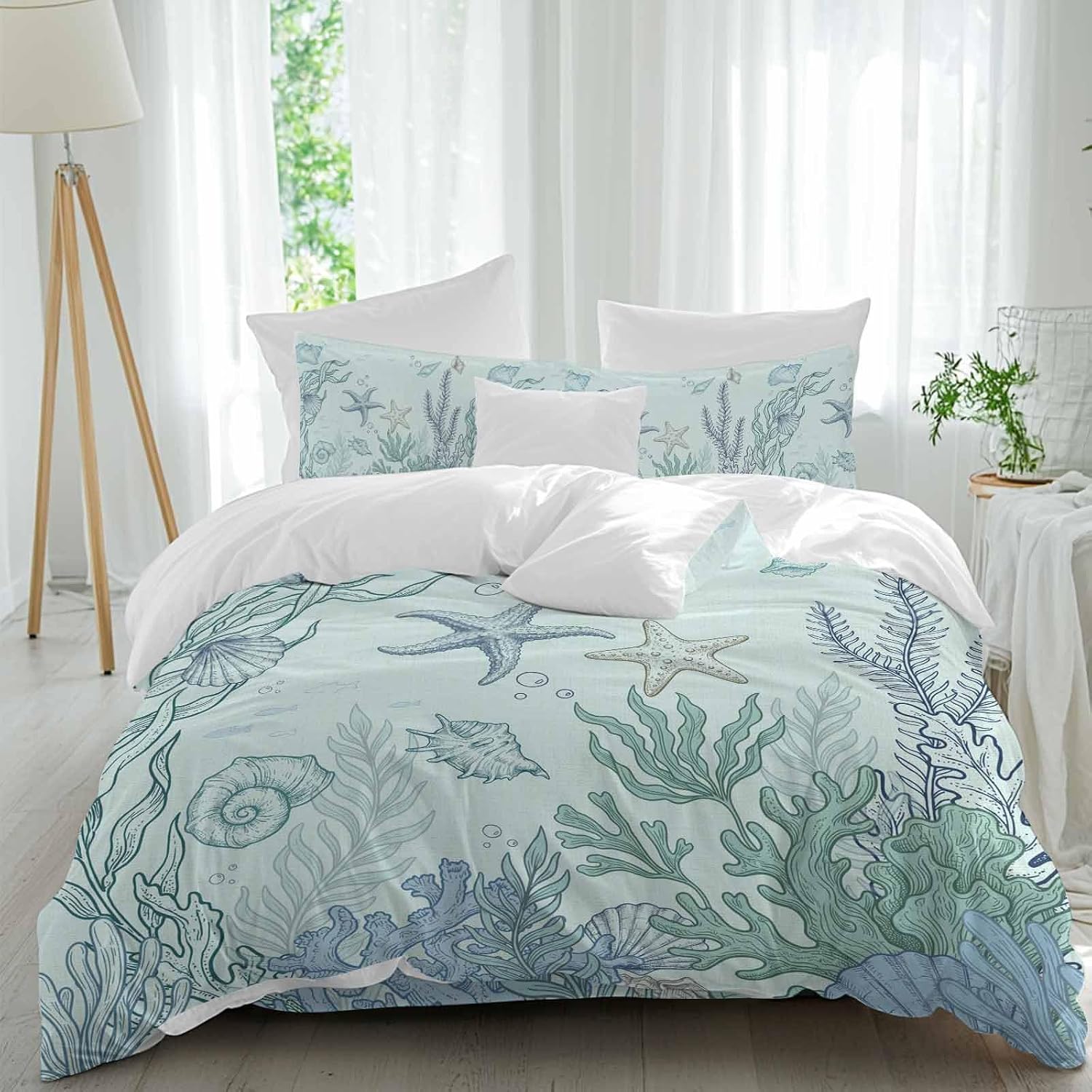 Marine Life Duvet Cover Set Queen Size 4 Pieces Starfish Coral Blue Shell Ocean Summer Green Bedding Set with Zipper Closure, 1 Comforter Cover 92x106 Inches 1 Flat Sheet & 2 Pillow Cases