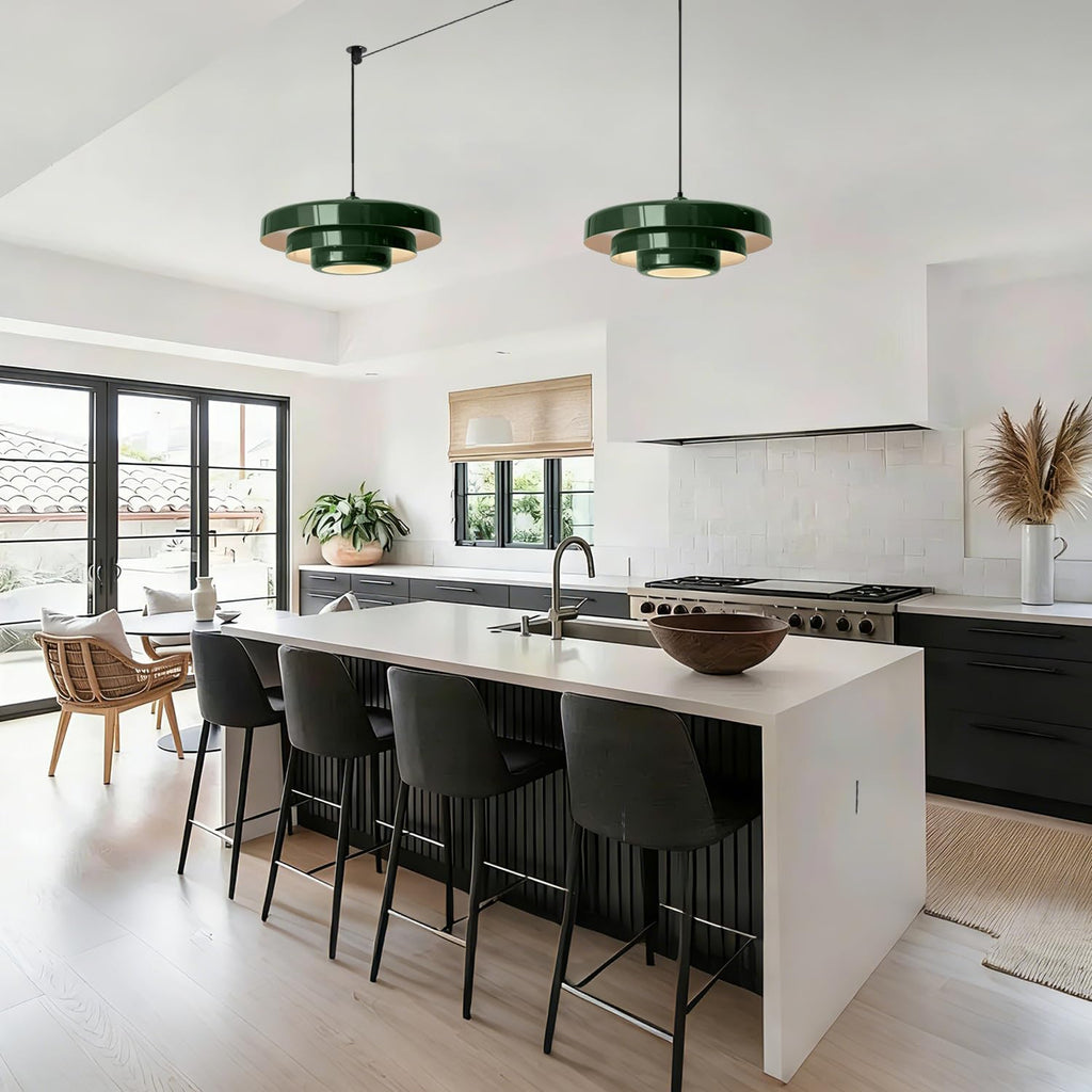 Plug-in Green Pendant Light, Mid Century Hanging Lamp Fixtures with Pulley and Plug in Cord 3-Layer Shade Nordic Style Pendant Lighting Metal Shade for Living Room Dining Room Bedroom Kitchen Island