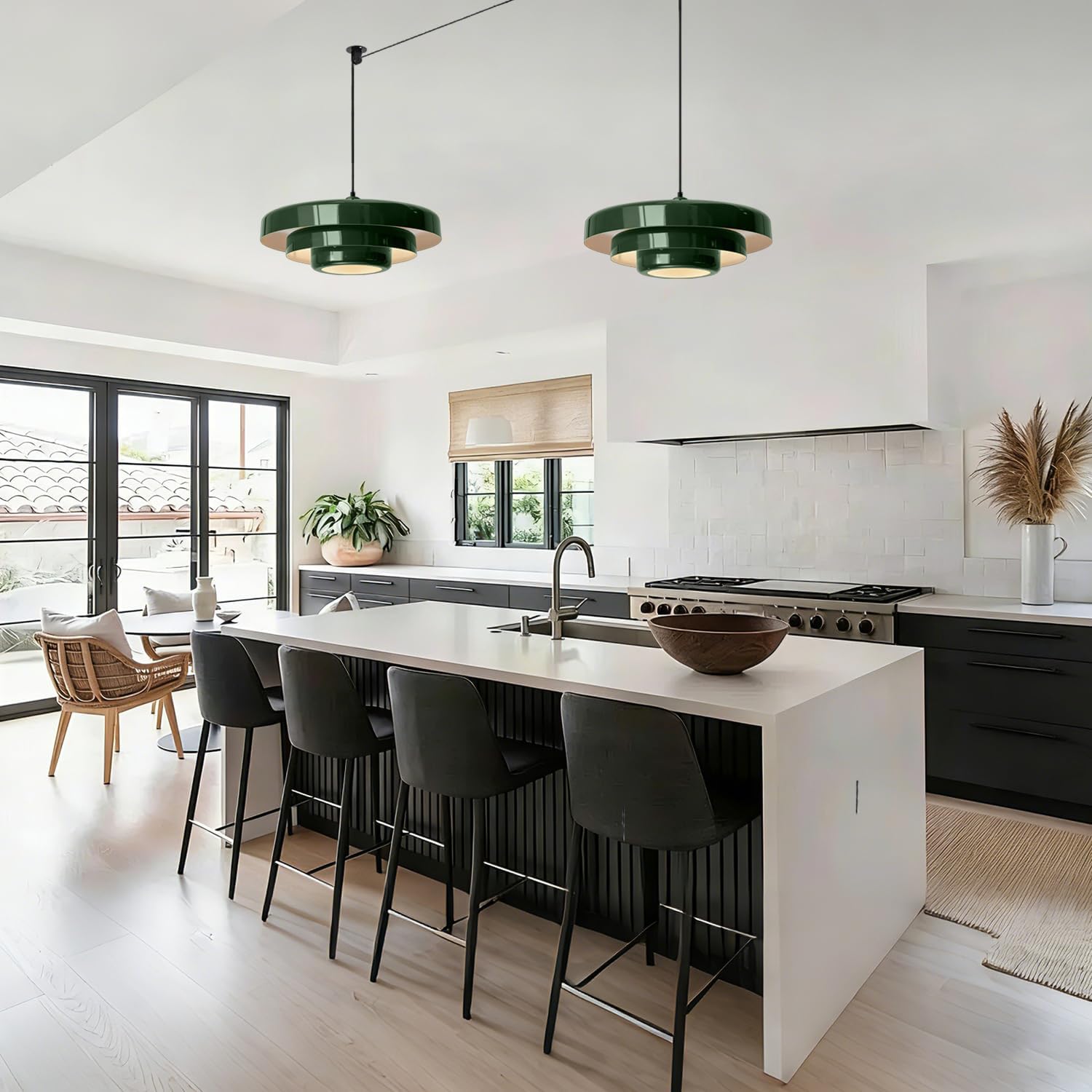 Plug-in Green Pendant Light, Mid Century Hanging Lamp Fixtures with Pulley and Plug in Cord 3-Layer Shade Nordic Style Pendant Lighting Metal Shade for Living Room Dining Room Bedroom Kitchen Island