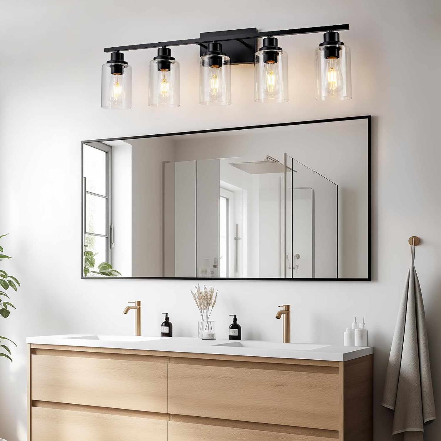 5 Light Bathroom Light Fixtures Black Vanity Light Over Mirror Modern Farmhouse Wall Lighting Sconces Wall Lamp for Bathroom, Bedroom, Living Room E26 Socket with Glass Shade