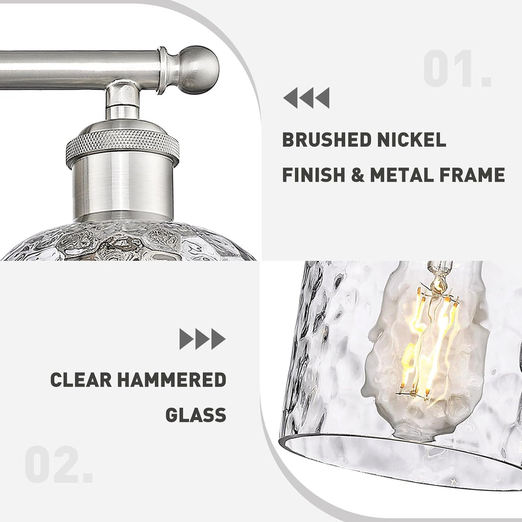 zeyu 6-Light Bathroom Wall Light Fixture, 42 Inch Modern Nickel Vanity Lighting Fixtures for Bedroom, Brushed Nickel Finish with Clear Hammered Glass, ZJF63B-6W BN