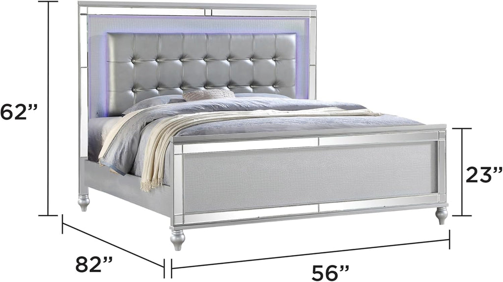Full 4 PC LED Bedroom Set Made with Wood in Silver Color