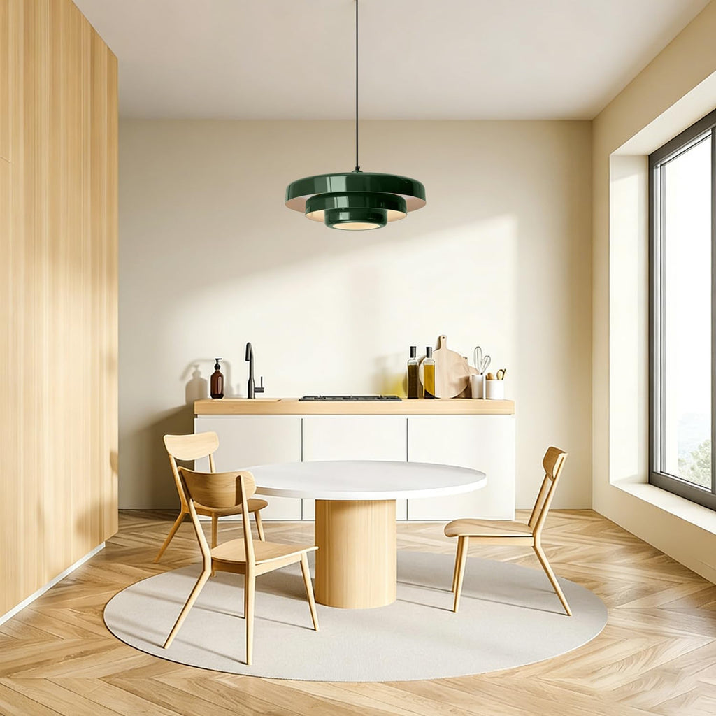 Plug-in Green Pendant Light, Mid Century Hanging Lamp Fixtures with Pulley and Plug in Cord 3-Layer Shade Nordic Style Pendant Lighting Metal Shade for Living Room Dining Room Bedroom Kitchen Island