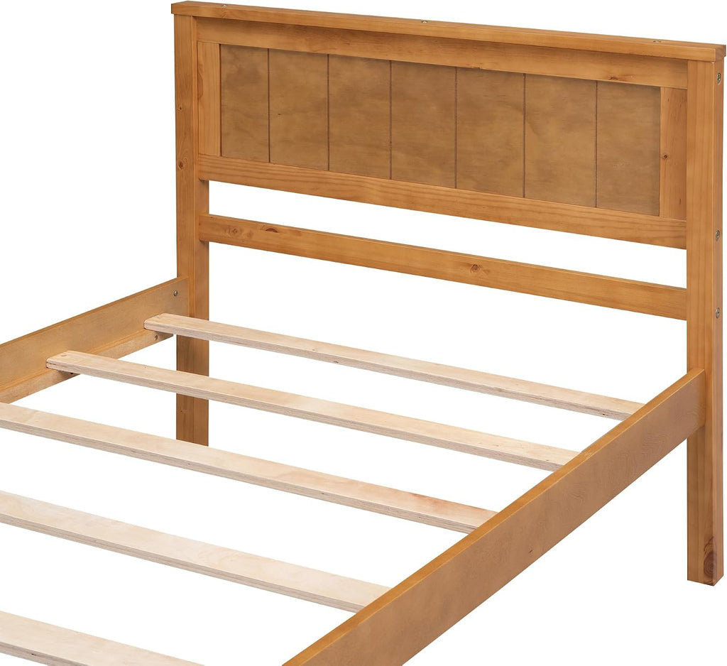 Twin Size Wood Bed Frame and Headboard, Modern Retro Brown Platform Beds Frames, Sturdy and Durable Design Rustic Wooden Bedroom Set, Easy Assembly, No Box Spring Needed (Oak, Twin)