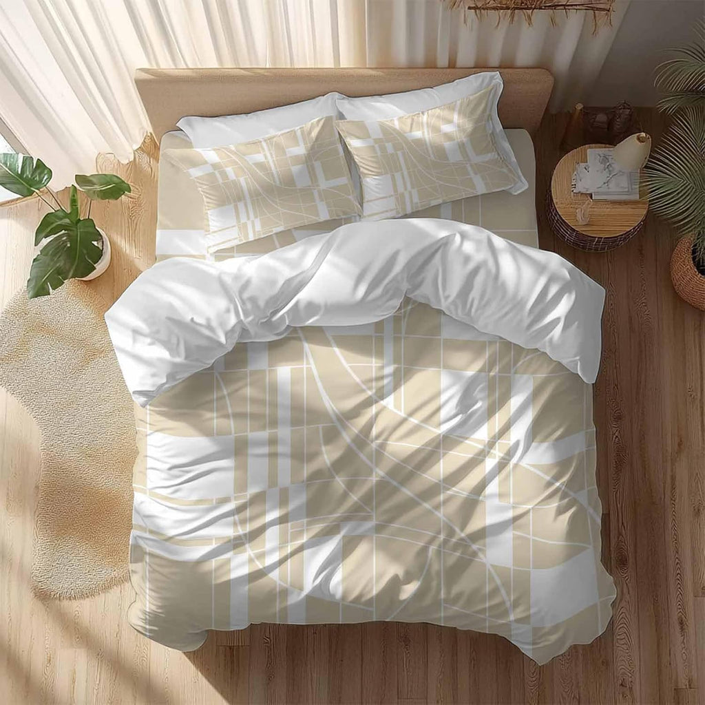 Prime Leader Lines Duvet Cover Set Queen Size 4 Pieces Abstarct Geometric White Lines Plaid Light Brown Bedding Set with Zipper Closure, 1 Comforter Cover 92x106 Inches 1 Flat Sheet & 2 Pillow Cases