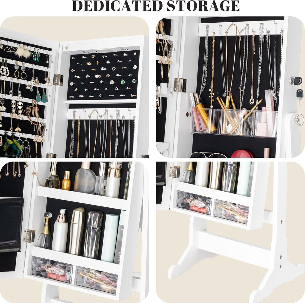 BTEXPERT Mirror Jewelry Cabinet Standing, Large Storage Jewelry Armoire, Full-Length Mirror with Jewelry Storage, LED Bulbs Lockable Standing Jewelry Organizer White