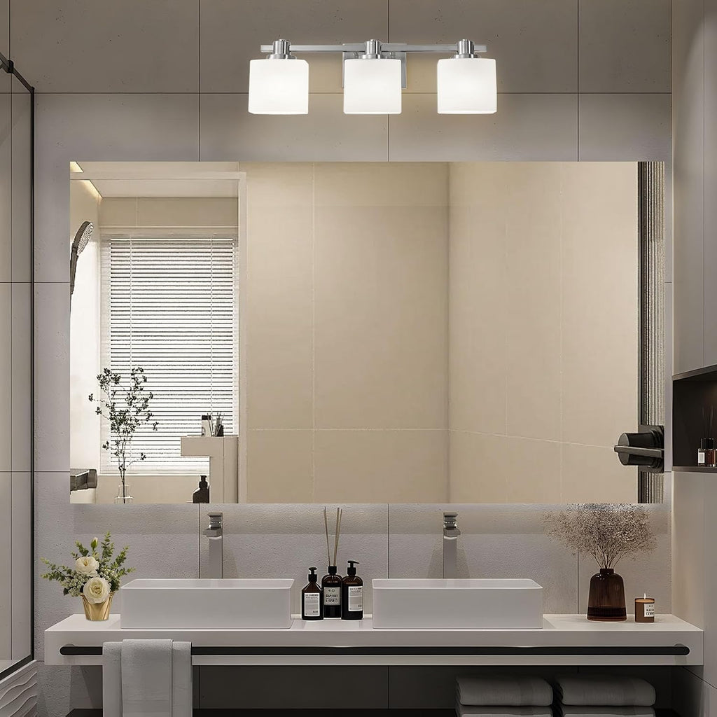 Bathroom Light Fixtures Over Mirror Bathroom Vanity Light Silver Modern Industrial Makeup Lighting Wall Sconce Farmhouse Rustic Milk Glass Lamp Desk Sink (Brushed Nickel, 24 Inch, 3 Light)