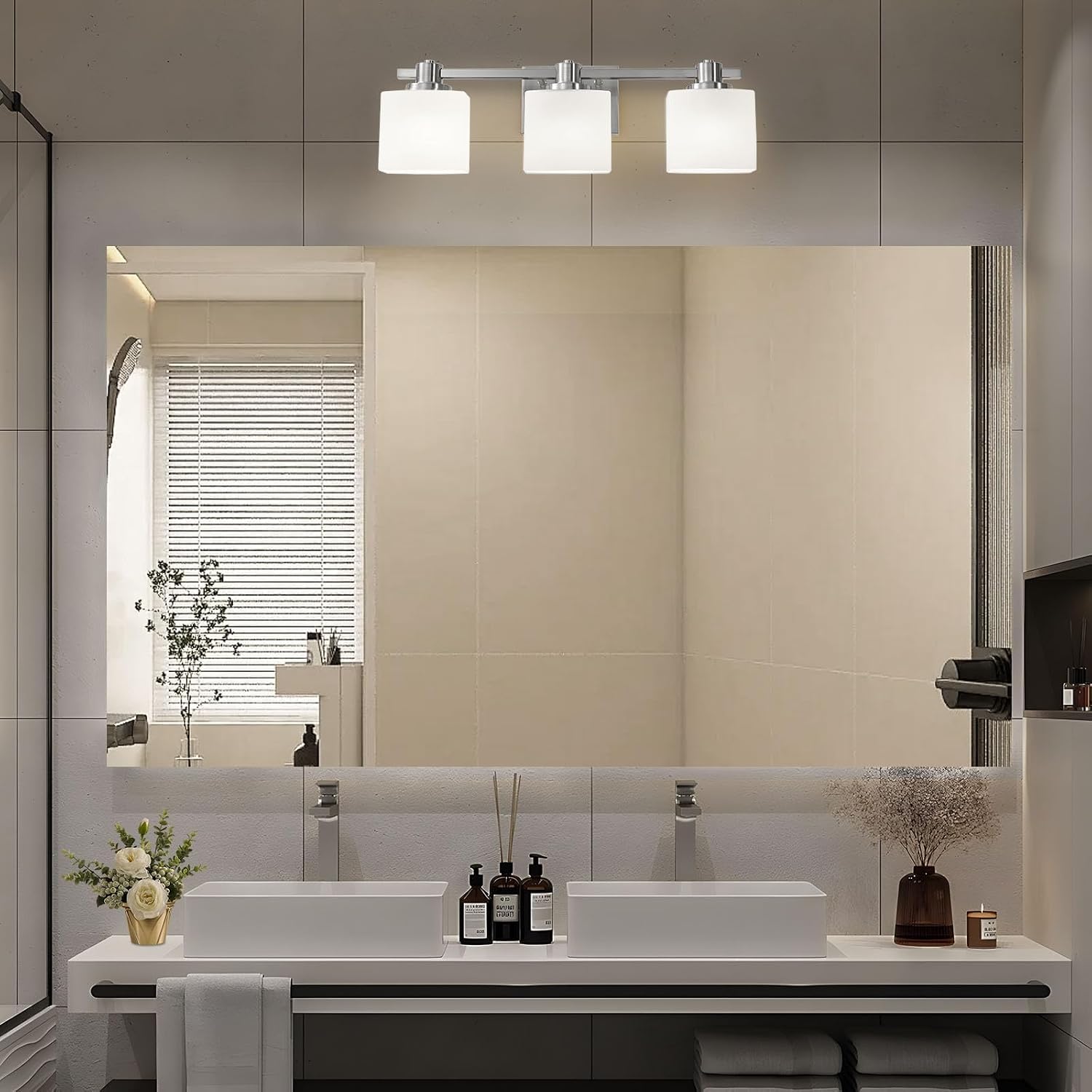 Bathroom Light Fixtures Over Mirror Bathroom Vanity Light Silver Modern Industrial Makeup Lighting Wall Sconce Farmhouse Rustic Milk Glass Lamp Desk Sink (Brushed Nickel, 24 Inch, 3 Light)