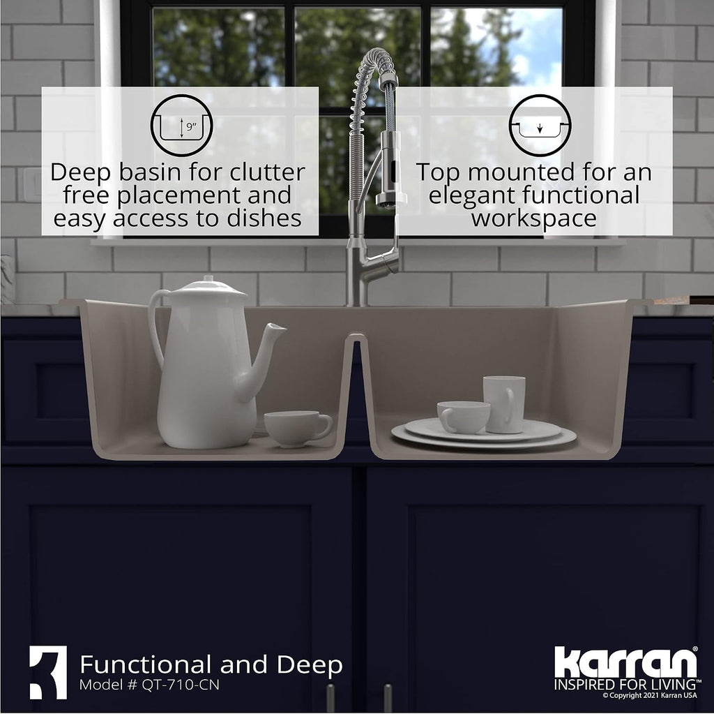 Karran QT-710 33 Inch Top Mount Double Bowl Kitchen Sink, 50/50 Low Divide Quartz Composite Drop-In Sink, Rear Drain, Heat and Scratch Resistant, Concrete