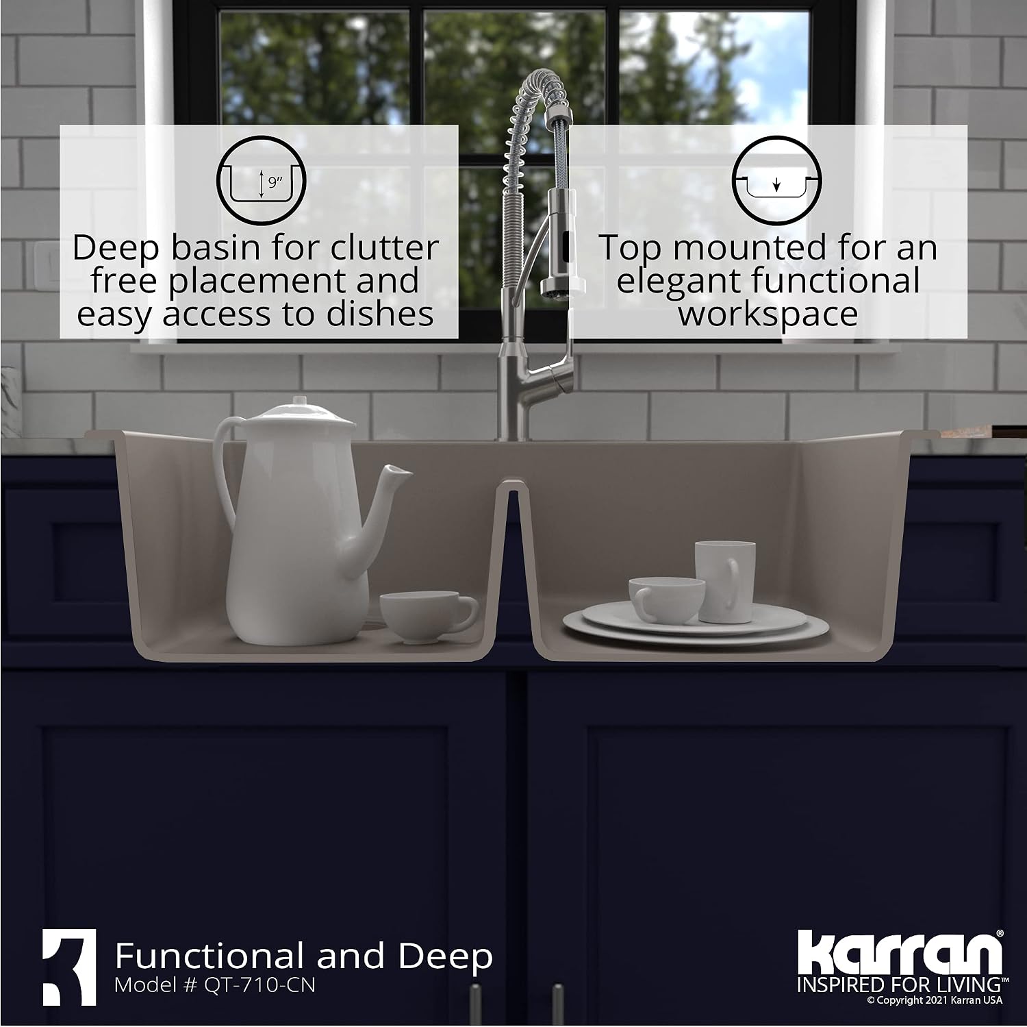 Karran QT-710 33 Inch Top Mount Double Bowl Kitchen Sink, 50/50 Low Divide Quartz Composite Drop-In Sink, Rear Drain, Heat and Scratch Resistant, Concrete