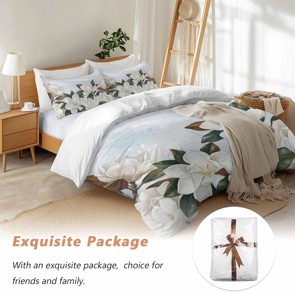 White Magnolia Duvet Cover Set Queen Size 4 Pieces Watercolor Flower Floral Plants Leaf Farmhouse Bedding Set with Zipper Closure, 1 Comforter Cover 92x106 Inches 1 Flat Sheet & 2 Pillow Cases
