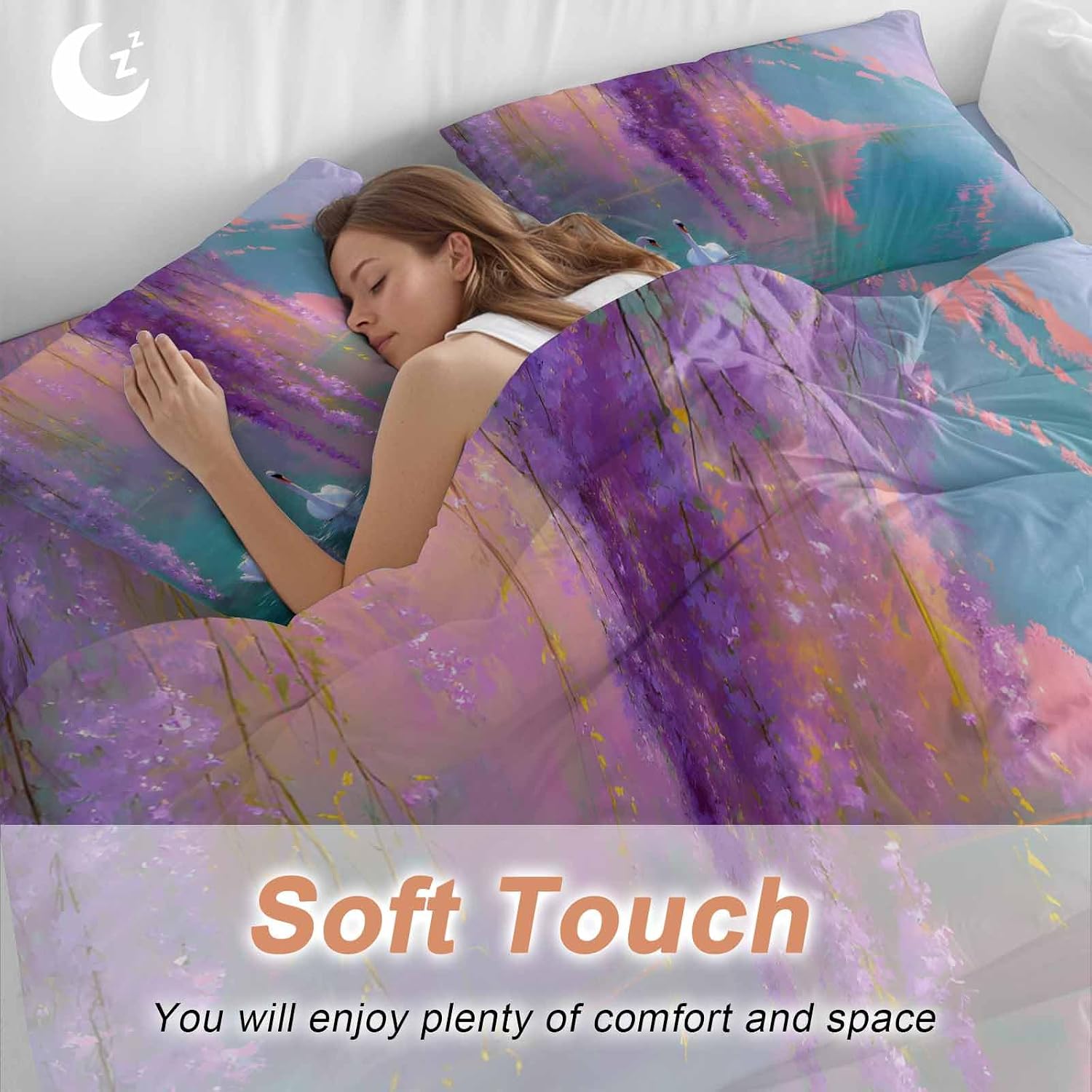 Swan Duvet Cover Set Queen Size 4 Pieces Oil Painting Spring Wisteria Gradient Pink Green Lake Bedding Set with Zipper Closure, 1 Comforter Cover 92x106 Inches 1 Flat Sheet & 2 Pillow Cases