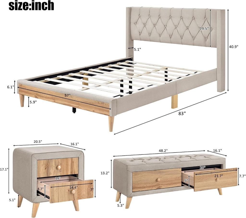 SOFTSEA Upholstered Bedroom Furniture Set Home Furniture for 4 Include Modern Full Size Platform Bed Frame, 2 Modern Nightstands and 1 End of Bed Storage Bench