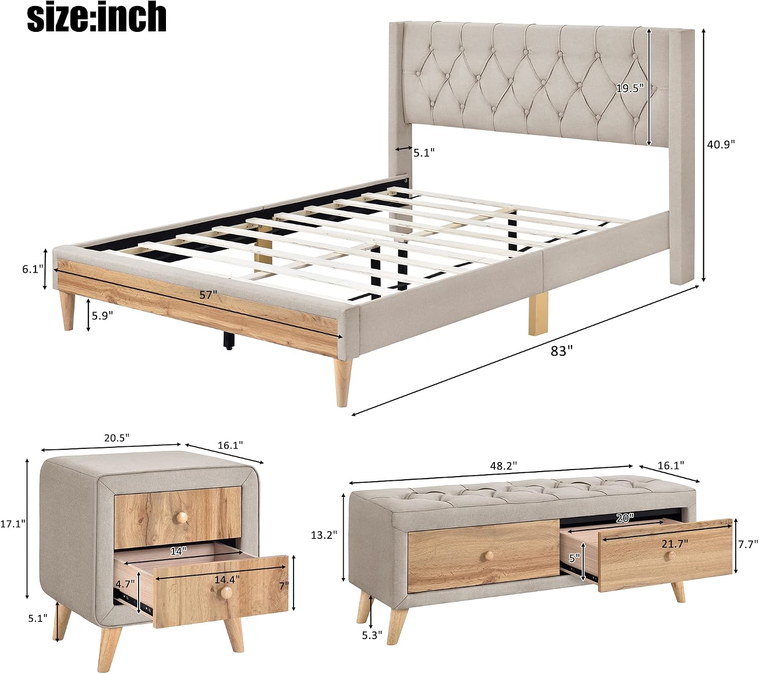 SOFTSEA Upholstered Bedroom Furniture Set Home Furniture for 4 Include Modern Full Size Platform Bed Frame, 2 Modern Nightstands and 1 End of Bed Storage Bench