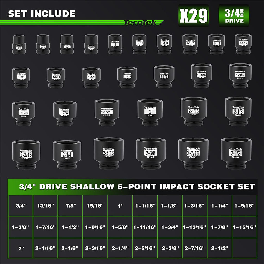 TecoTek 3/4' Drive Shallow 6-Point Impact Socket Set, 29-Piece Jumbo Assortment, CR-MO, SAE, 3/4 inch - 2-1/2 inch, Heavy Duty Storage Case