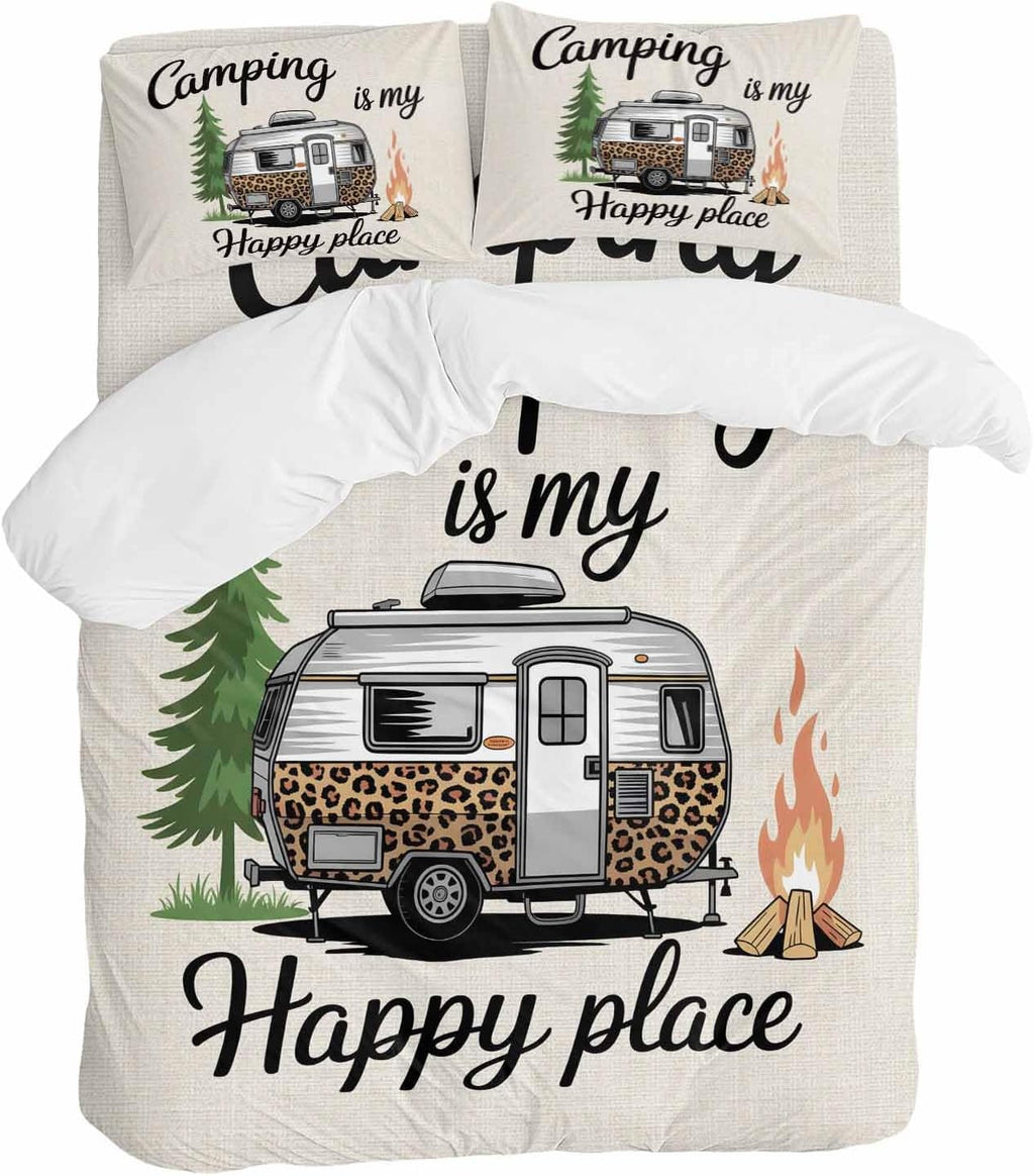 Prime Leader Camping is My Happy Place Duvet Cover Set Queen Size 4 Pieces Leopard RV Vintage Linen Bedding Set with Zipper Closure, 1 Comforter Cover 92x106 Inches 1 Flat Sheet & 2 Pillow Cases