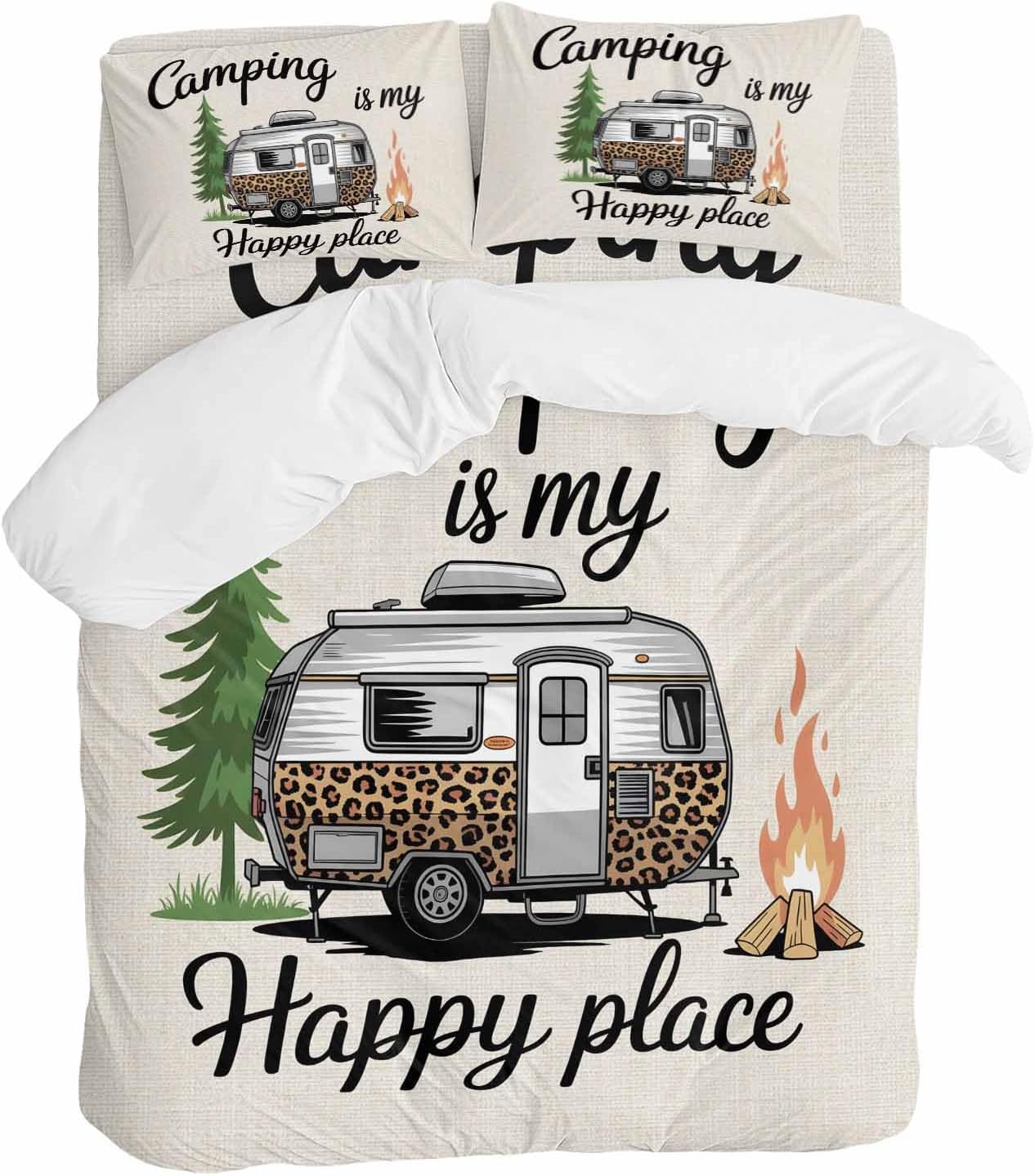 Prime Leader Camping is My Happy Place Duvet Cover Set Queen Size 4 Pieces Leopard RV Vintage Linen Bedding Set with Zipper Closure, 1 Comforter Cover 92x106 Inches 1 Flat Sheet & 2 Pillow Cases