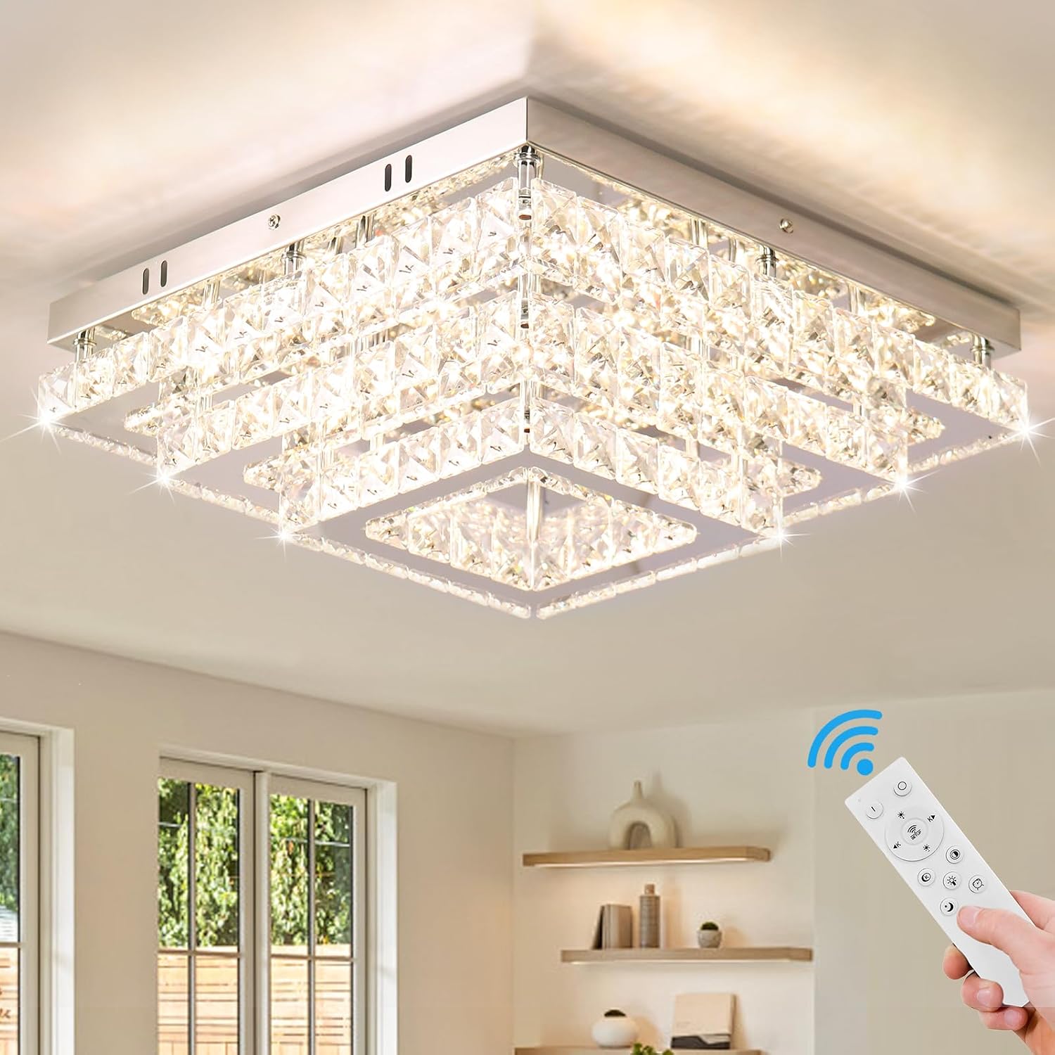 Dimmable Square Crystal Flush Mount Ceiling Light, 15' 3-Tier Crystal Chandelier Ceiling Light, Remote Included, 3000–6500K CCT, K9 Crystal & Stainless Steel for Living Room Dining Room Bedroom