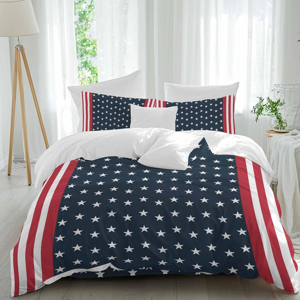 Independence Day Duvet Cover Set Queen Size 4 Pieces U.S. Flag Themed White Five-Pointed Star Bedding Set with Zipper Closure, 1 Comforter Cover 92x106 Inches 1 Flat Sheet & 2 Pillow Cases
