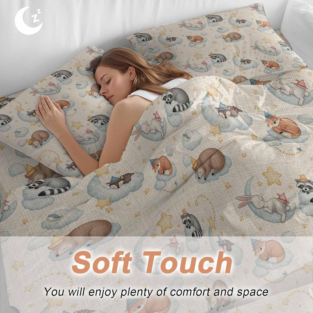 Cartoons Animals Duvet Cover Set Queen Size 4 Pieces Watercolor Fox Sleeping Raccoon Cute Rabbit Bedding Set with Zipper Closure, 1 Comforter Cover 92x106 Inches 1 Flat Sheet & 2 Pillow Cases
