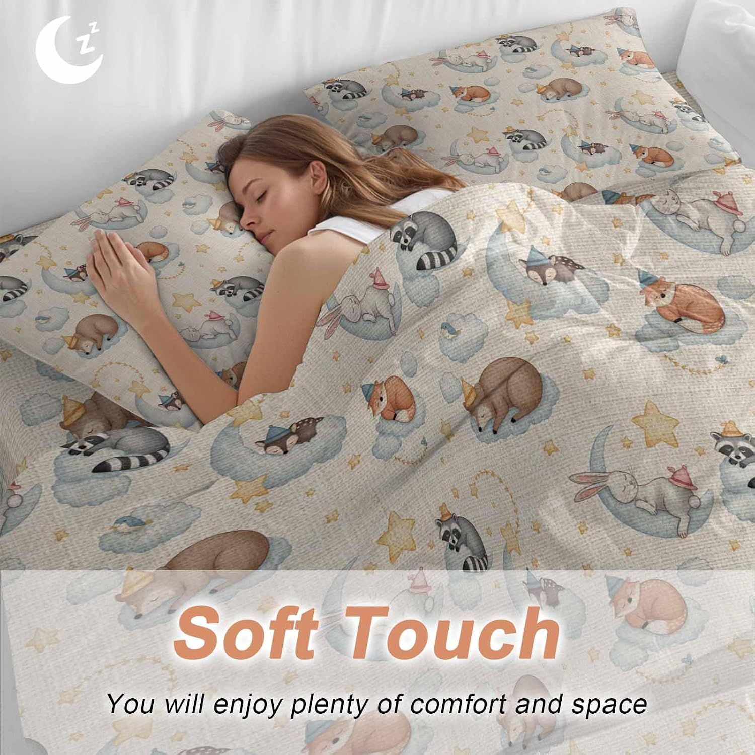 Cartoons Animals Duvet Cover Set Queen Size 4 Pieces Watercolor Fox Sleeping Raccoon Cute Rabbit Bedding Set with Zipper Closure, 1 Comforter Cover 92x106 Inches 1 Flat Sheet & 2 Pillow Cases