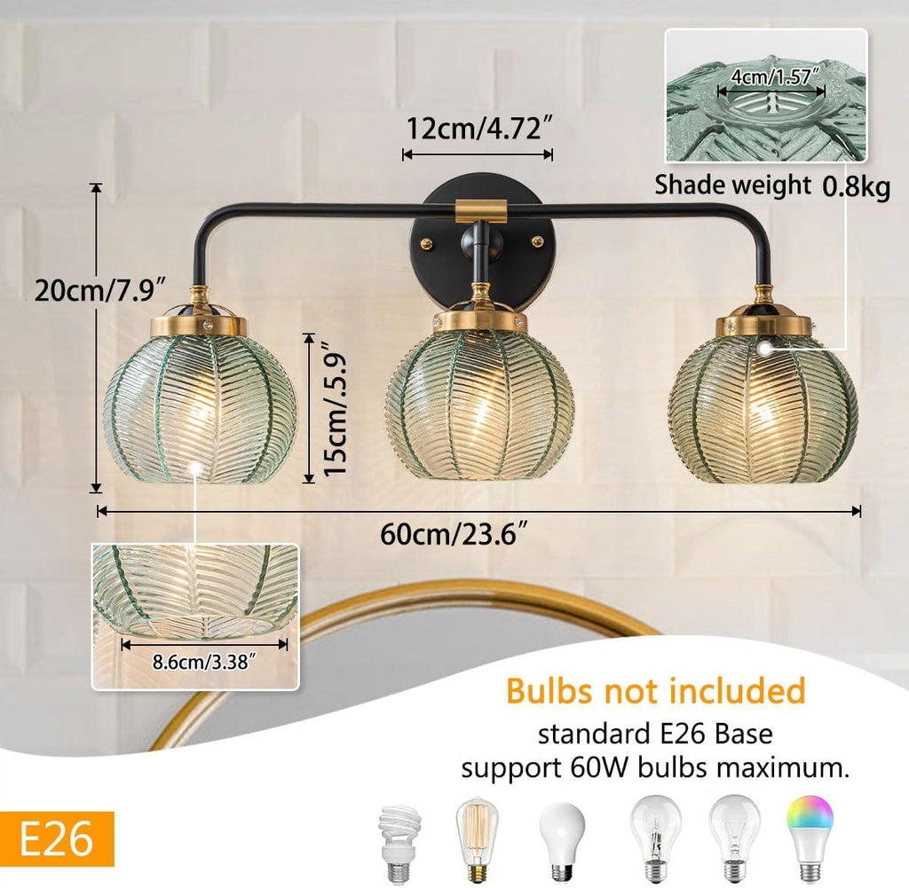 3-Light Bathroom Vanity Lights Vintage Bathroom Sconce Lights with Green Ribbed Glass Shade Mid Century Modern Light Fixture Art Deco Wall Lamp Mirror Over Vanity Light fixtures