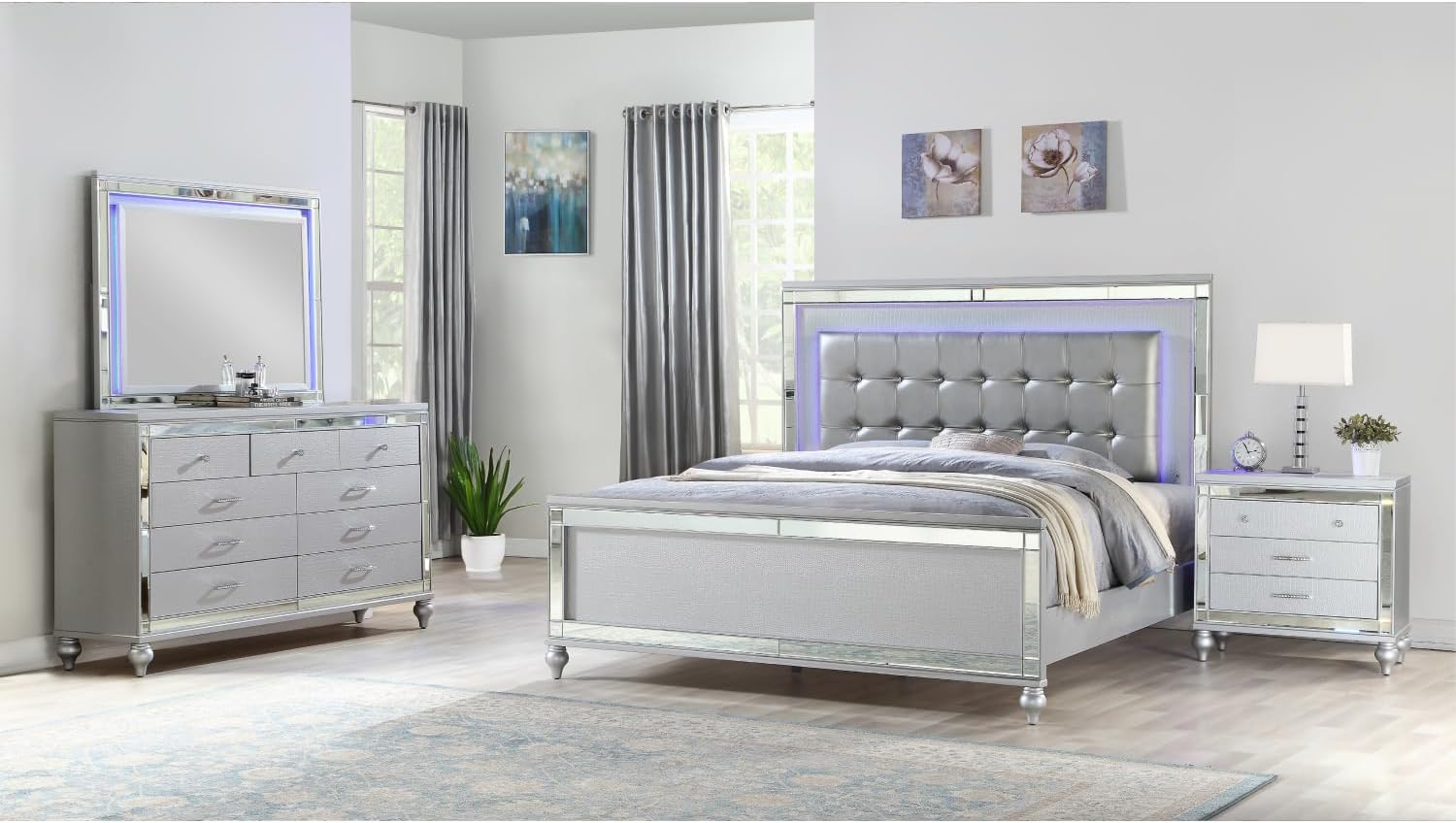 Full 4 Pc LED Bedroom Set - Modern Wood Design, Silver Color