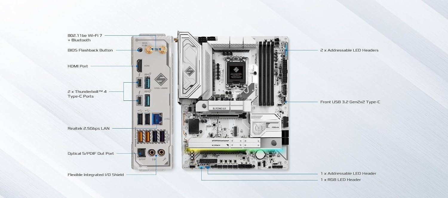 ASRock Intel Core Ultra Z890 Steel Legend WiFi 7 ATX LGA1851RL-ILM Motherboard DDR5 M.2 PCle 5.0 ARGB SATA3 6.0 Gb/s Thunderbolt