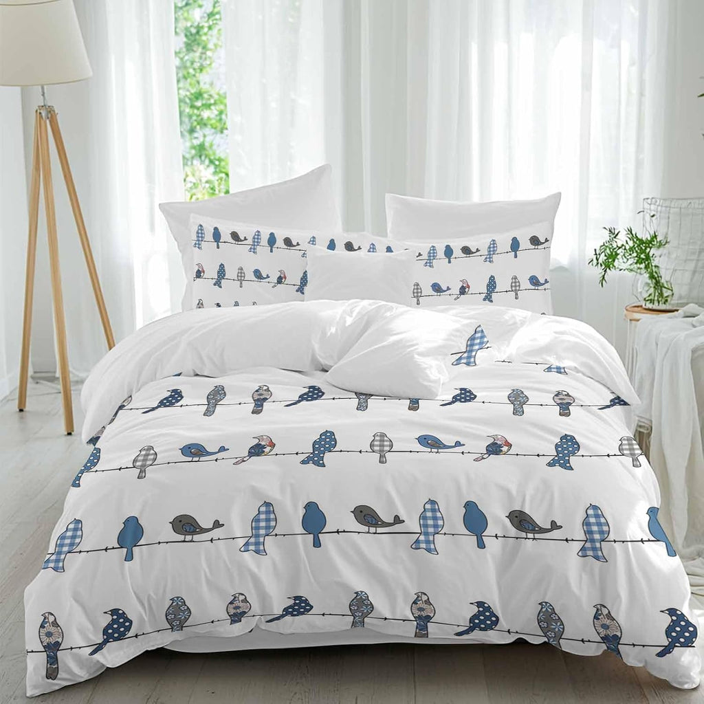 Prime Leader Birds on the Wire Blue Grey Duvet Cover Set Queen Size 4 Pieces Bedding Set with Zipper Closure, 1 Comforter Cover 92x106 Inches 1 Flat Sheet & 2 Pillow Cases