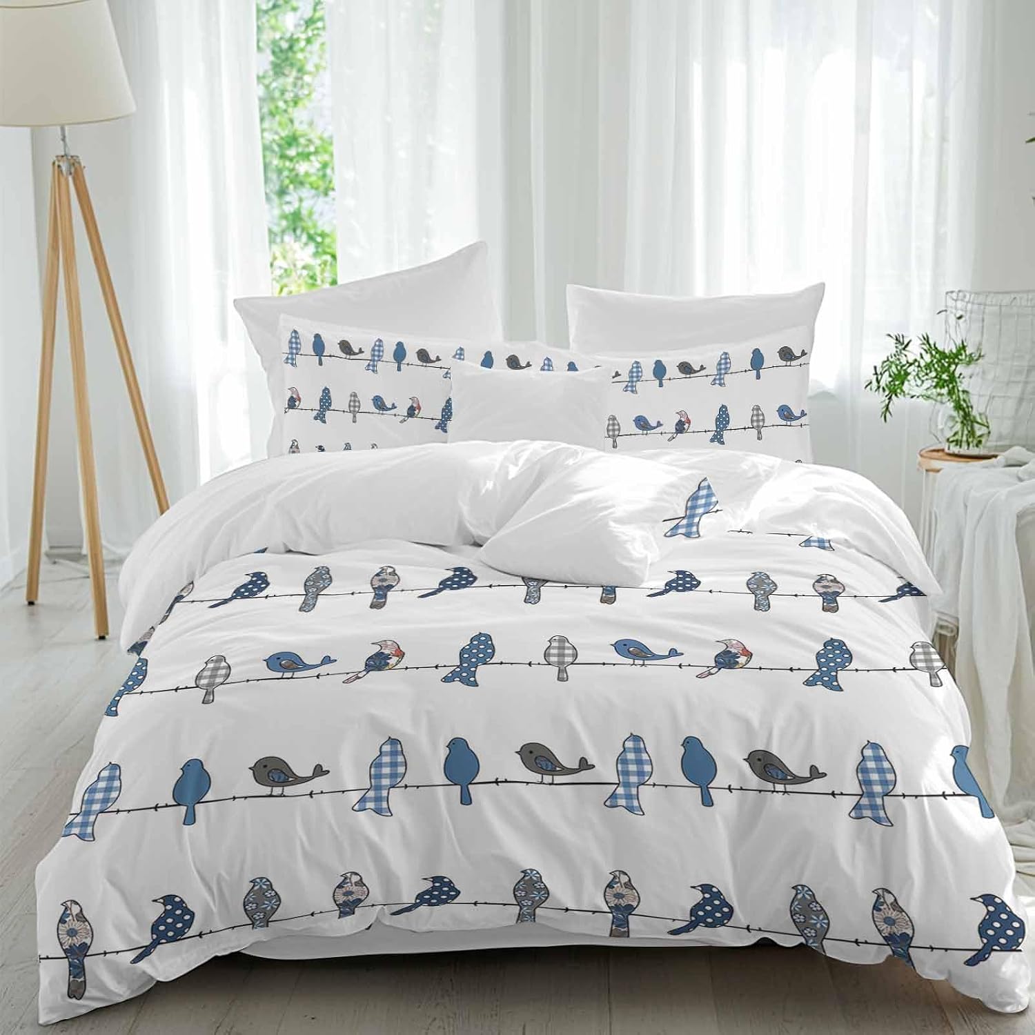 Prime Leader Birds on the Wire Blue Grey Duvet Cover Set Queen Size 4 Pieces Bedding Set with Zipper Closure, 1 Comforter Cover 92x106 Inches 1 Flat Sheet & 2 Pillow Cases