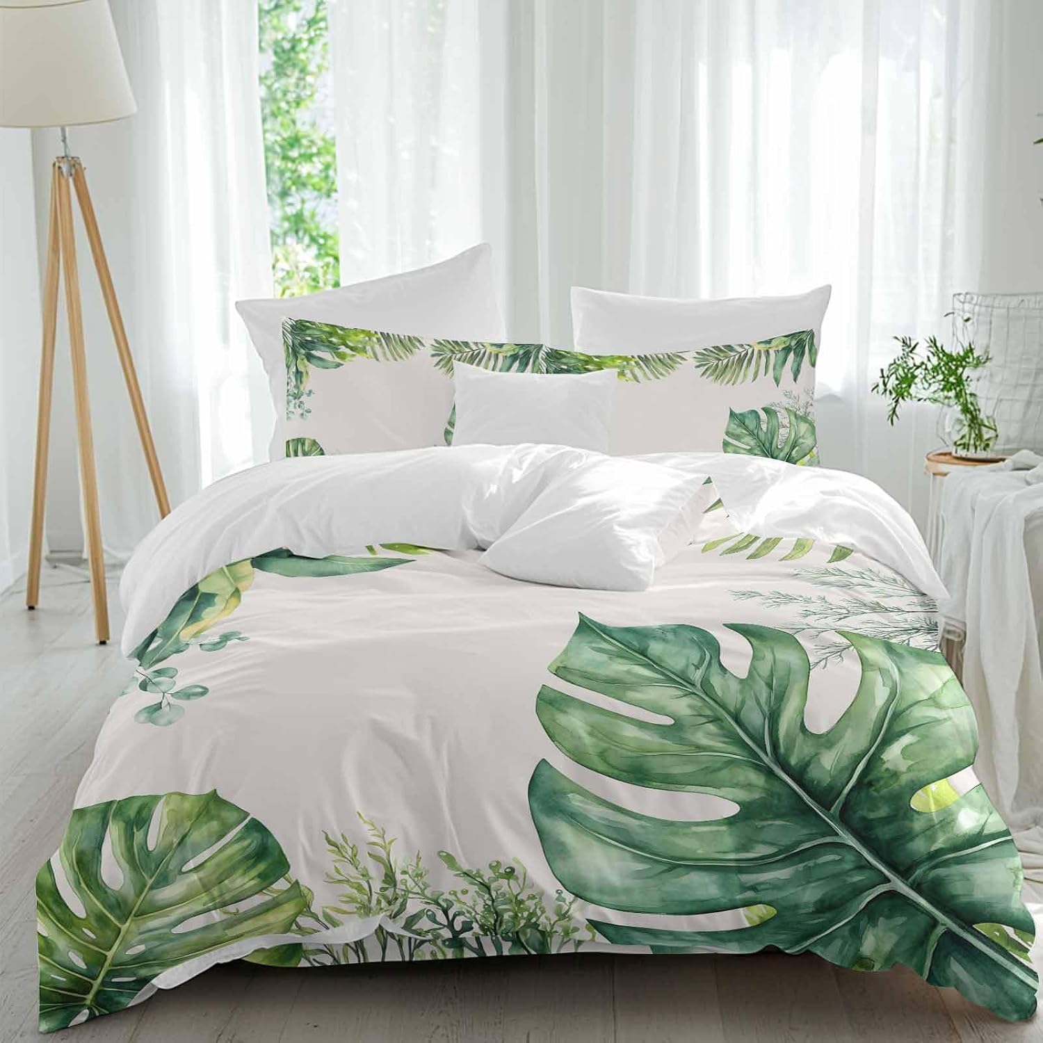 Tropical Leaf Duvet Cover Set Queen Size 4 Pieces Palms Monstera Leaves Green Plant Botanical Bedding Set with Zipper Closure, 1 Comforter Cover 92x106 Inches 1 Flat Sheet & 2 Pillow Cases