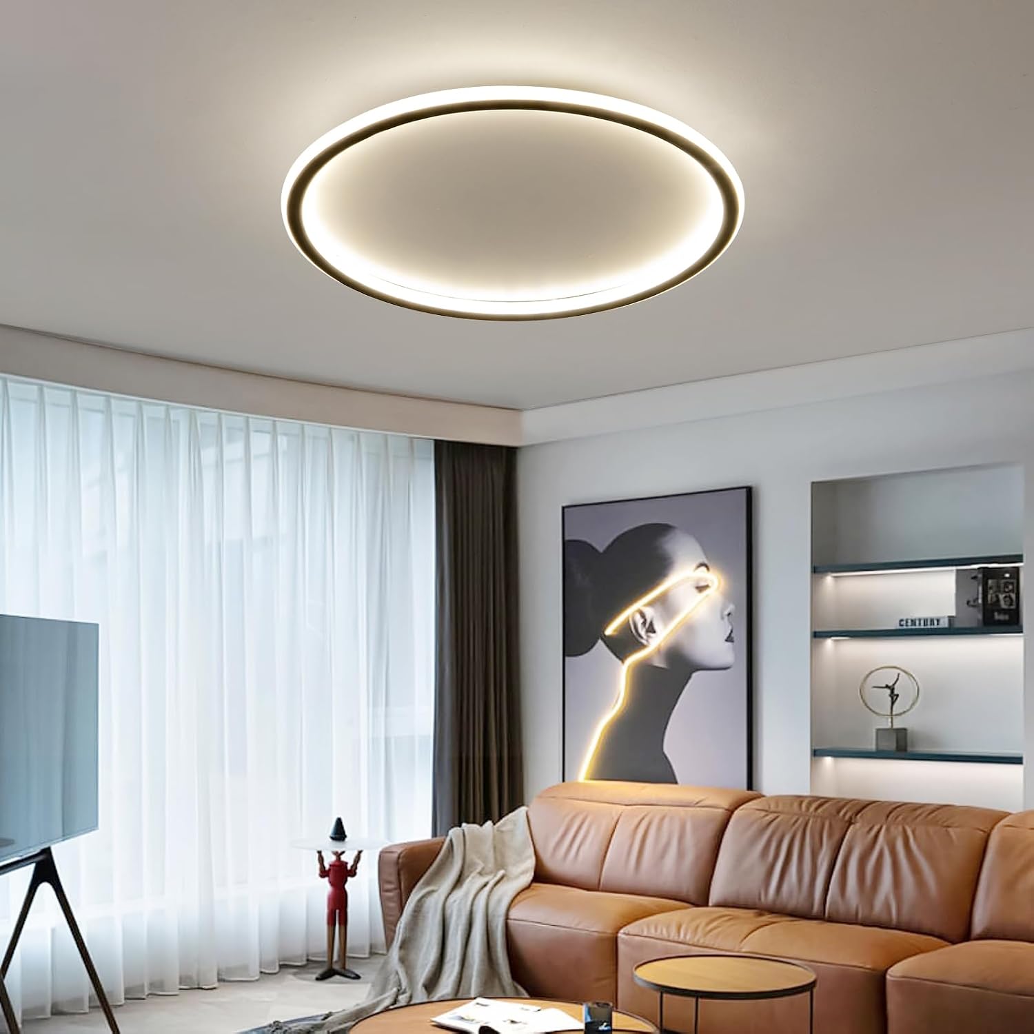 23.6 Inch Flush Mount Ceiling Light, 40-60W Round LED Ceiling Light Fixtures, Thin Modern Ceiling Lamp, Close to Ceiling Lights for Bedroom, Kitchen, Living Room, 3 Color Temperature Selectable