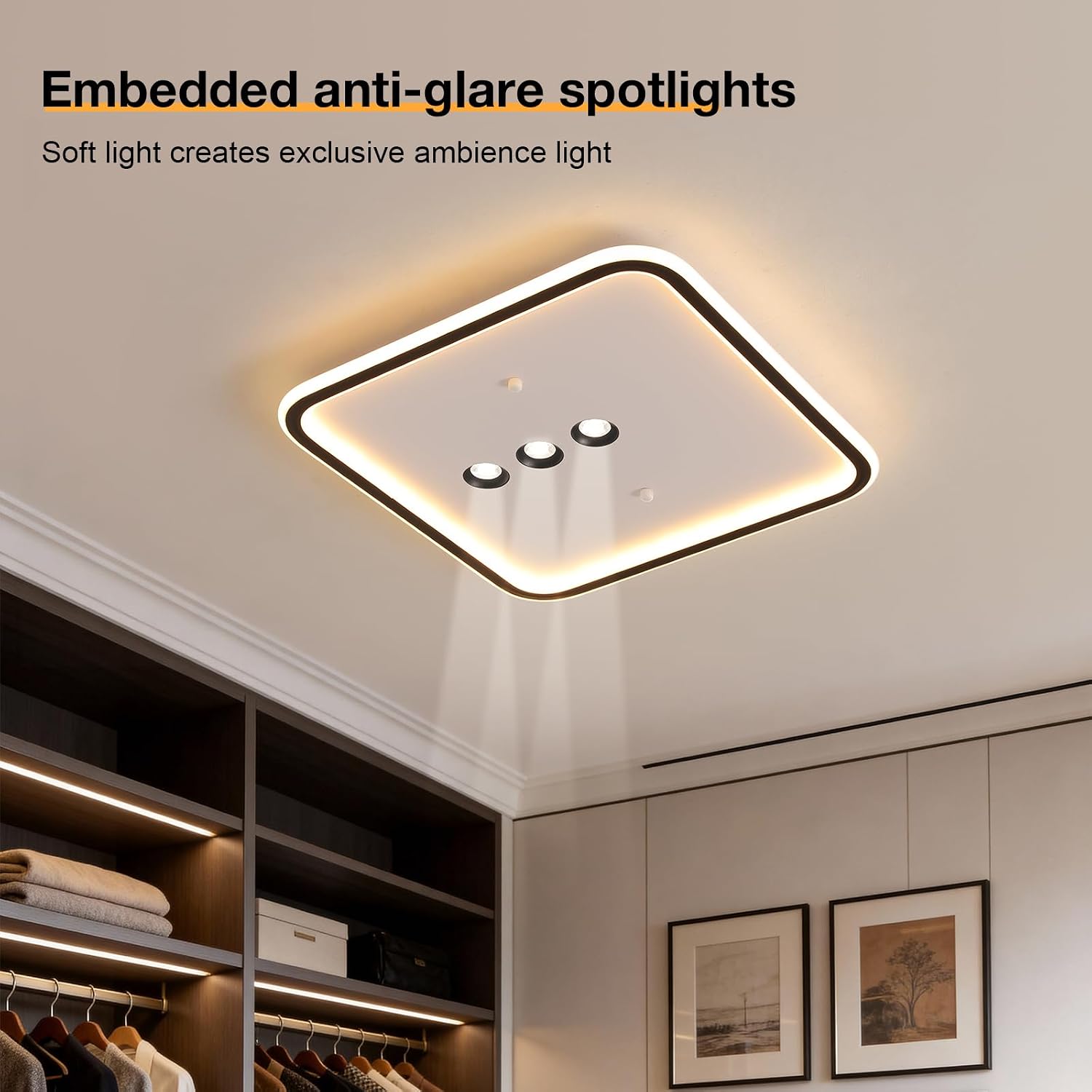 Shine LUEST Square Diamond LED Ceiling Light with 3 Adjustable Spotlights, Dimmable Flush Mount Lighting Fixture, Black & White for Bedroom Living Room Kitchen Hallway